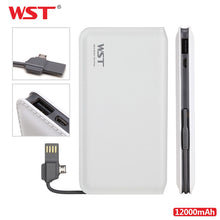 WST Original Power Bank 12000mAh External Portable Phone Battery With Built in Charging Cable LED Indicator Slim Bateria Externa
